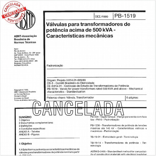 Válvulas para transformadores de potência acima de 500 kVA - Características mecânicas