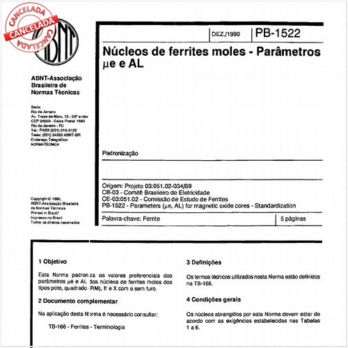 Núcleos de ferrites moles - Parâmetros (micron)e e AL