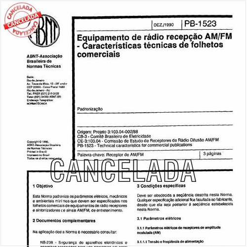 Equipamento de rádio recepção AM/FM - Características técnicas de folhetos comerciais