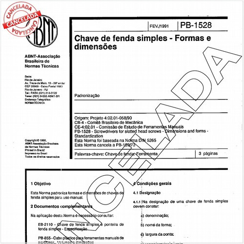 Chave de fenda simples - Formas e dimensões