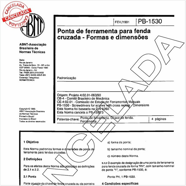 Ponta de ferramenta para fenda cruzada - Formas e dimensões