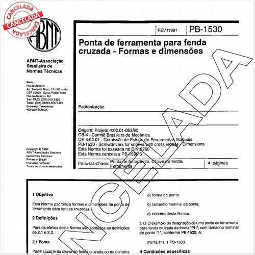 Ponta de ferramenta para fenda cruzada - Formas e dimensões