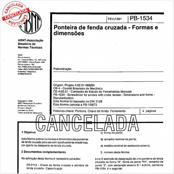 Ponteira de fenda cruzada - Formas e dimensões