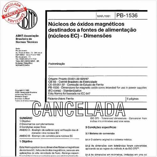 Núcleos de óxidos magnéticos destinados a fontes de alimentação (núcleos EC) - Dimensões