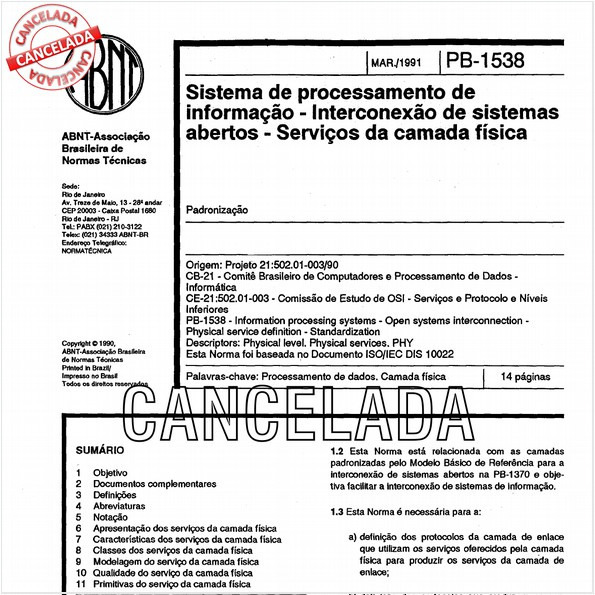 Sistema de processamento de informação - Interconexão de sistemas abertos - Serviços da camada física
