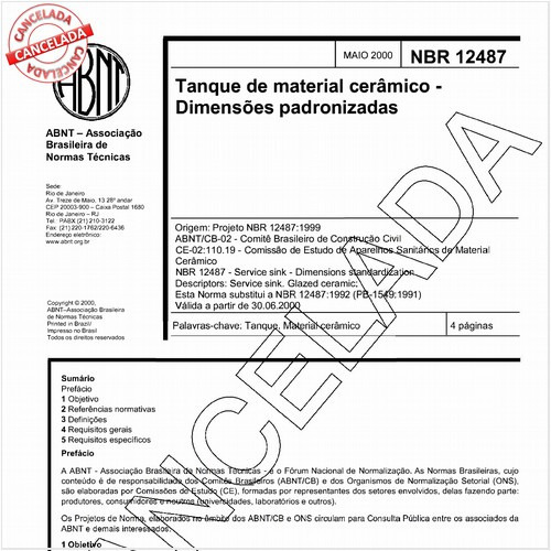 Tanque de material cerâmico - Dimensões padronizadas