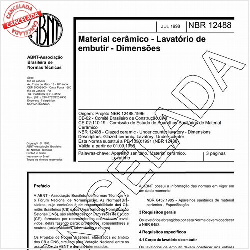 Material cerâmico - Lavatório de embutir - Dimensões