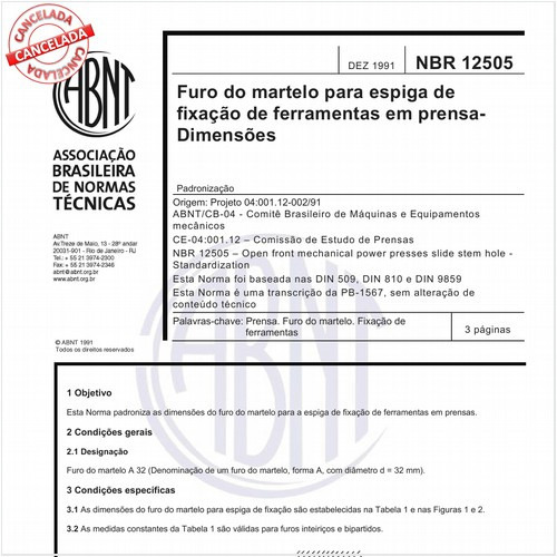 Furo do martelo para espiga de fixação de ferramentas em prensa - Dimensões