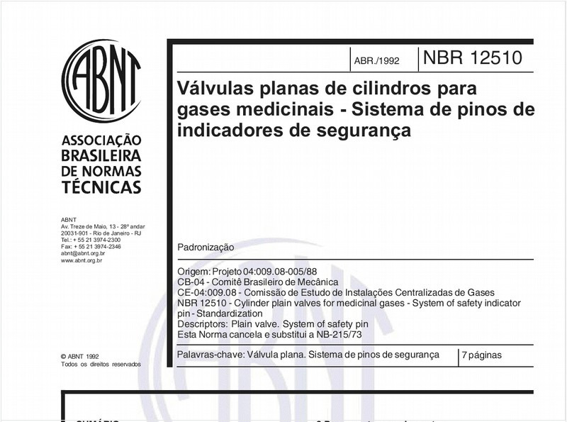 Válvulas planas de cilindros para gases medicinais - Sistema de pinos de indicadores de segurança - Padronização