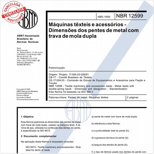 Máquinas têxteis e acessórios - Dimensões dos pentes de metal com trava de mola dupla