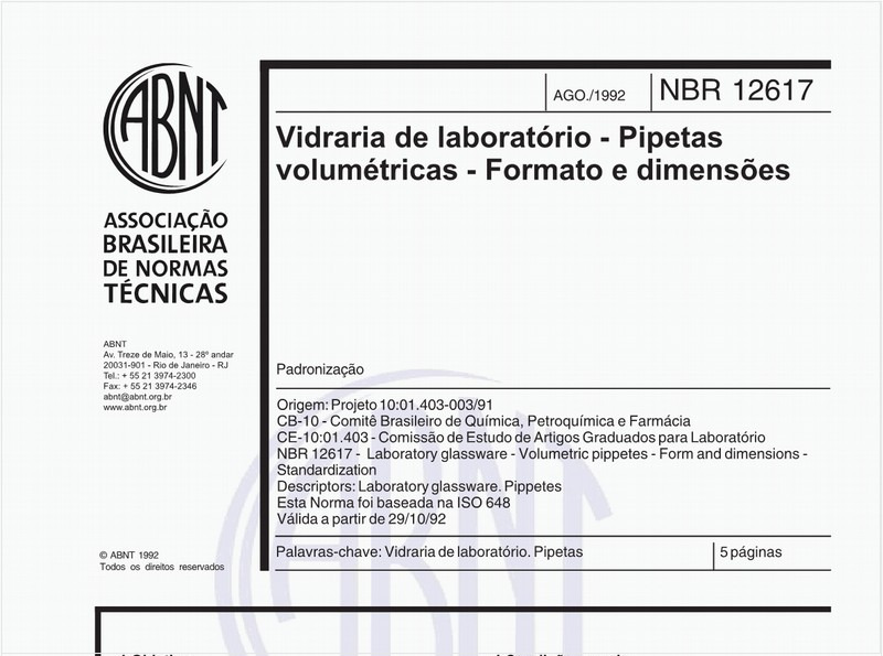 Vidraria de laboratório - Pipetas volumétricas - Formato e dimensões - Padronização