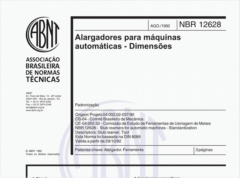 Alargadores para máquinas automáticas - Dimensões - Padronização