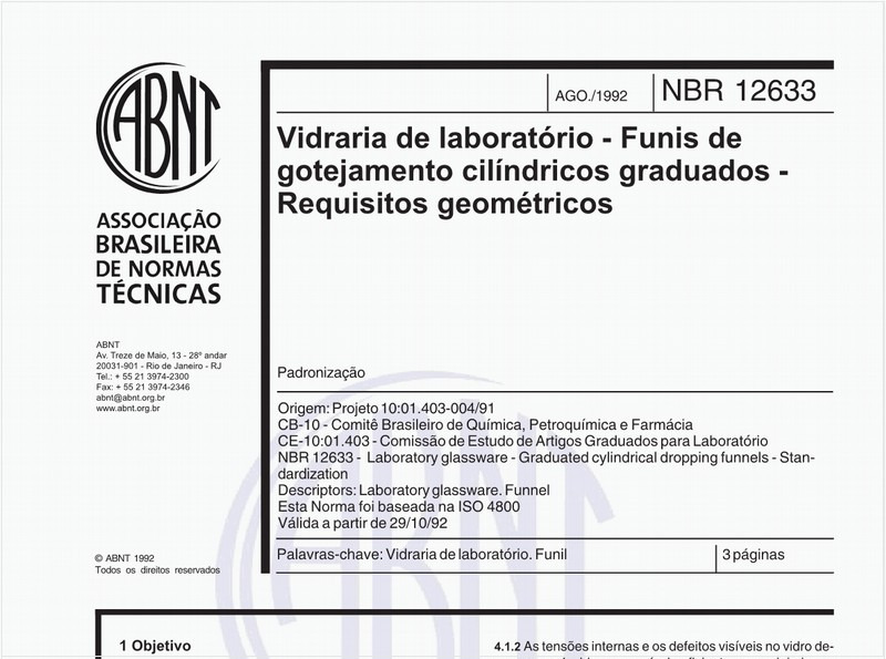 Vidraria de laboratório - Funis de gotejamento cilíndricos graduados - Requisitos geométricos - Padronização