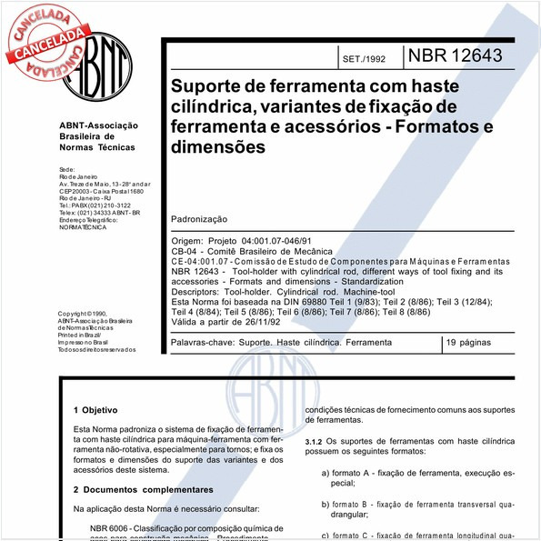Suporte de ferramenta com haste cilíndrica, variantes de fixação de ferramenta e acessórios - Formatos e dimensões