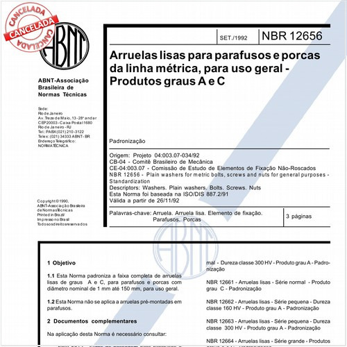 Arruelas lisas para parafusos e porcas da linha métrica, para uso geral - Produtos graus A e C