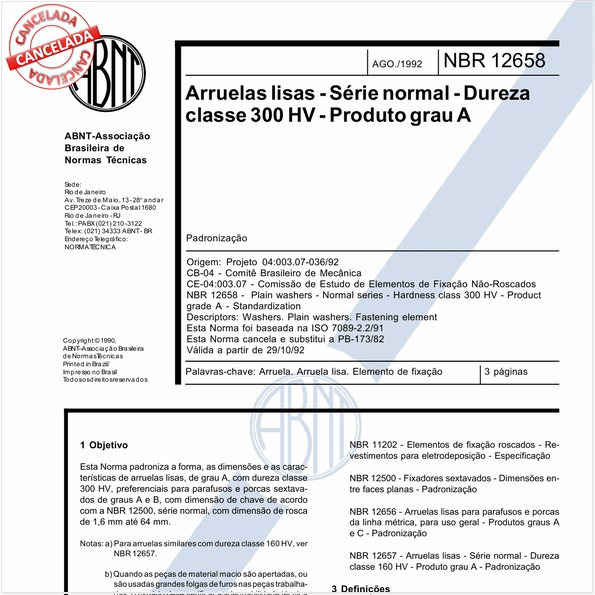 Arruelas lisas - Série normal - Dureza classe 300 HV - Produto grau A