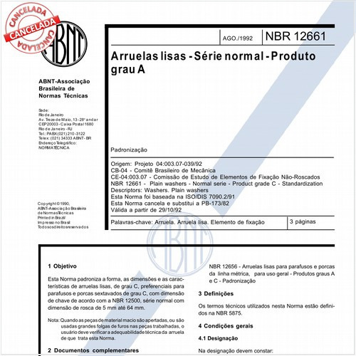 Arruelas lisas - Série normal - Produto grau A - Padronização