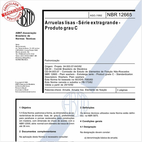 Arruelas lisas - Série extragrande - Produto grau C