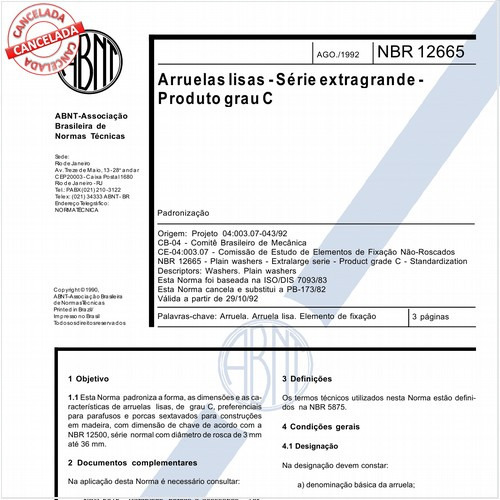 Arruelas lisas - Série extragrande - Produto grau C