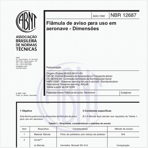 Flâmula de aviso para uso em aeronave - Dimensões - Padronização