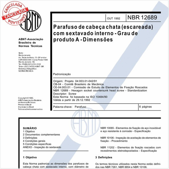 Parafuso de cabeça chata (escareada) com sextavado interno - Grau de produto A - Dimensões