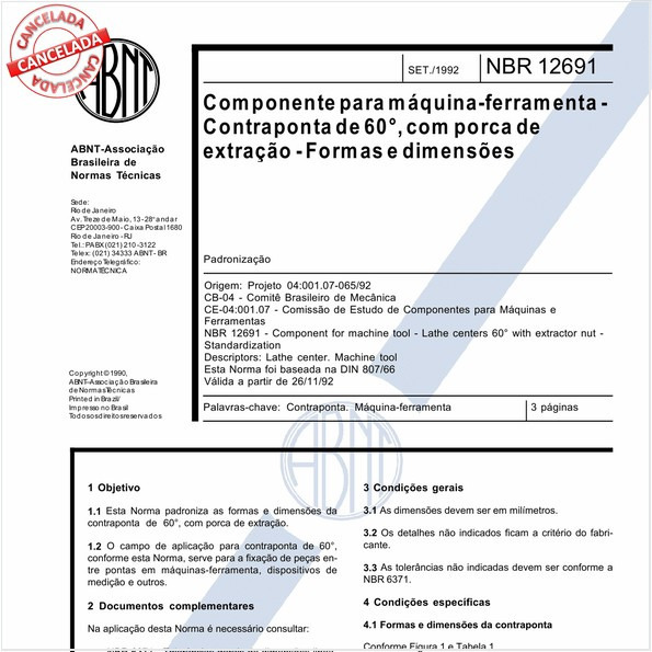 Componente para máquina-ferramenta - Contraponta de 60 graus, com porca de extração - Formas e dimensões