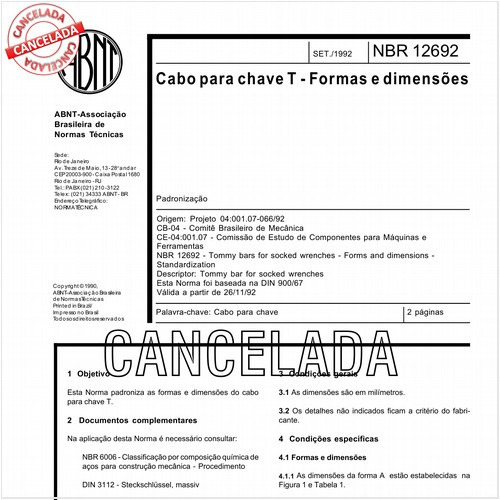 Cabo para chave T - Formas e dimensões