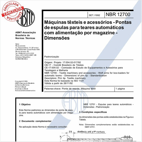 Máquinas têxteis e acessórios - Pontas de espulas para teares automáticos com alimentação por magazine - Dimensões