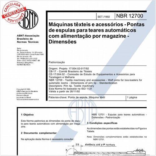 Máquinas têxteis e acessórios - Pontas de espulas para teares automáticos com alimentação por magazine - Dimensões