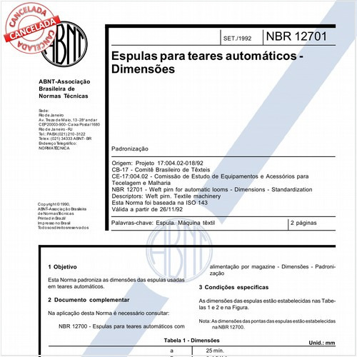 Espulas para teares automáticos - Dimensões