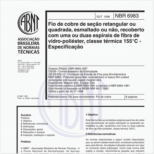 Fio de cobre de seção retangular ou quadrada, esmaltado ou não, recoberto com uma ou duas espirais de fibra de vidro-poliéster, classe térmica 155° C - Especificação