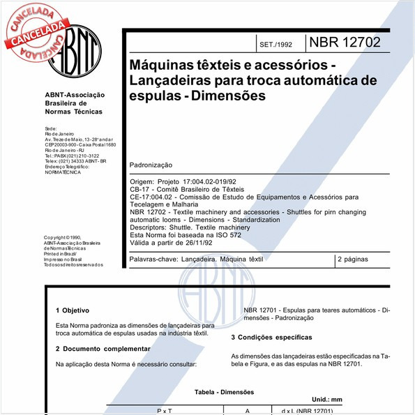 Máquinas têxteis e acessórios - Lançadeiras para troca automática de espulas - Dimensões