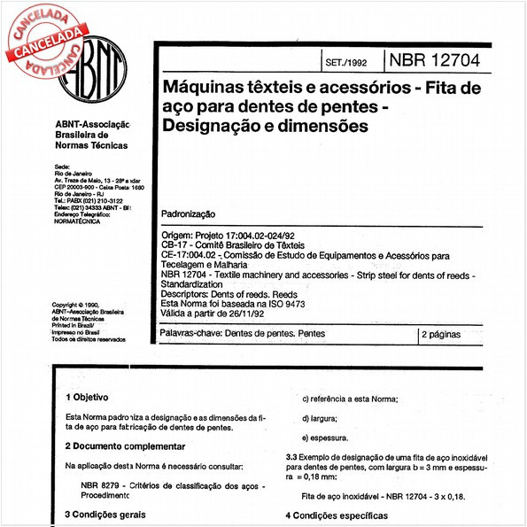 Máquinas têxteis e acessórios - Fita de aço para dentes de pentes - Designação e dimensões