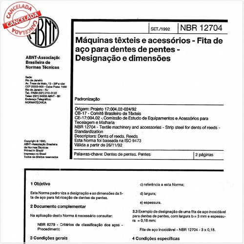 Máquinas têxteis e acessórios - Fita de aço para dentes de pentes - Designação e dimensões
