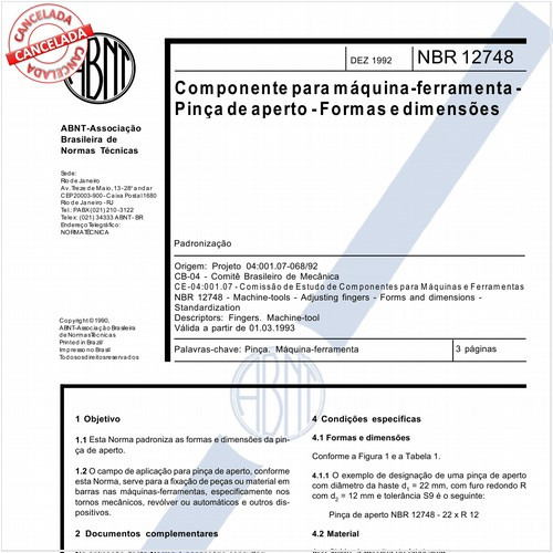 Componente para máquina-ferramenta - Pinça de aperto - Formas e dimensões