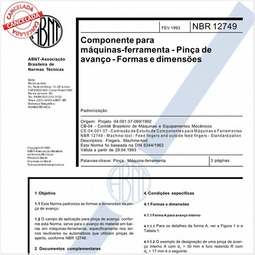 Componente para máquinas-ferramenta - Pinça de avanço - Formas e dimensões