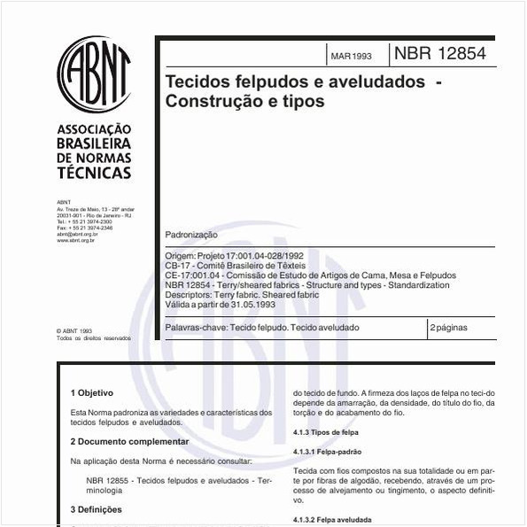 Tecidos felpudos e aveludados - Construção e tipos - Padronização