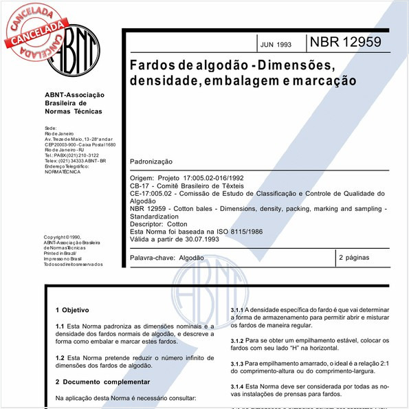 Fardos de algodão - Dimensões, densidade, embalagem e marcação