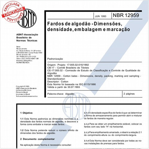 Fardos de algodão - Dimensões, densidade, embalagem e marcação