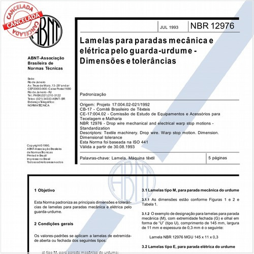 Lamelas para paradas mecânica e elétrica pelo guarda-urdume - Dimensões e tolerâncias