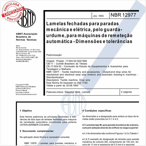 Lamelas fechadas para paradas mecânica e elétrica, pelo guarda-urdume, para máquinas de remeteção automática - Dimensões e tolerâncias
