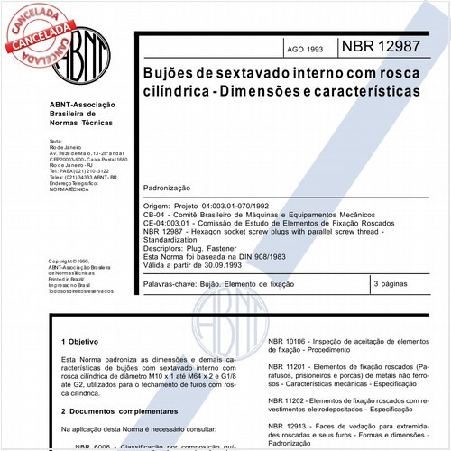 Bujões de sextavado interno com rosca cilíndrica - Dimensões e características
