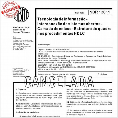 Tecnologia de informação - Interconexão de sistemas abertos - Camada de enlace - Estrutura do quadro nos procedimentos HDLC