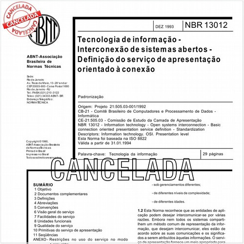 Tecnologia de informação - Interconexão de sistemas abertos - Definição do serviço de apresentação orientado à conexão