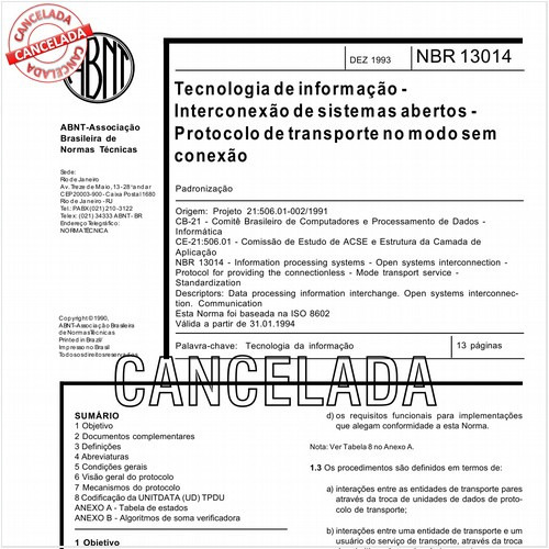 Tecnologia de informação - Interconexão de sistemas abertos - Protocolo de transporte no modo sem conexão
