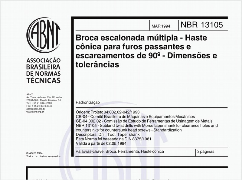 Broca escalonada múltipla - Haste cônica para furos passantes e escareamentos de 90° - Dimensões e tolerâncias - Padronização