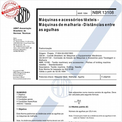 Máquinas e acessórios têxteis - Máquinas de malharia - Distâncias entre as agulhas