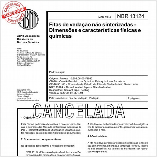 Fitas de vedação não sinterizadas - Dimensões e características físicas e químicas