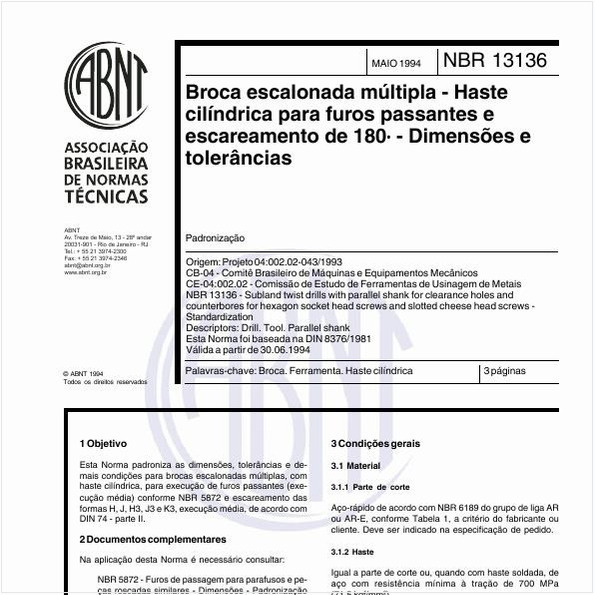 Broca escalonada múltipla - Haste cilíndrica para furos passantes e escareamento de 180° - Dimensões e tolerâncias - Padronização
