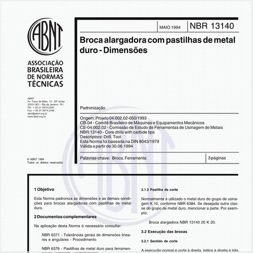 Broca alargadora com pastilhas de metal duro - Dimensões - Padronização